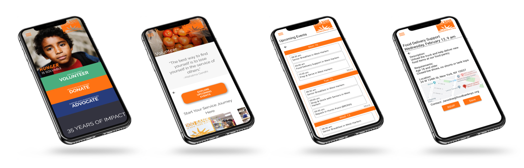 Color photo of 4 iPhones with FoodBankNYC app prototype displays, 4 stages.